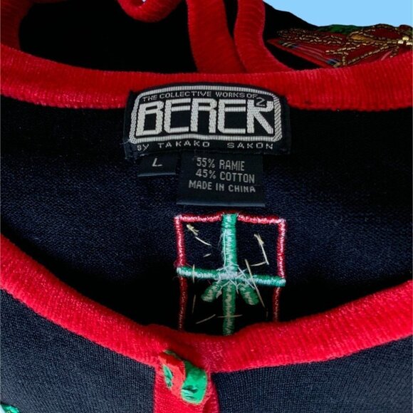 BEREK LADIES VINTAGE LS BLACK CHRISTMAS PACKAGE CARDIGAN SWEATER EUC L - Picture 2 of 6